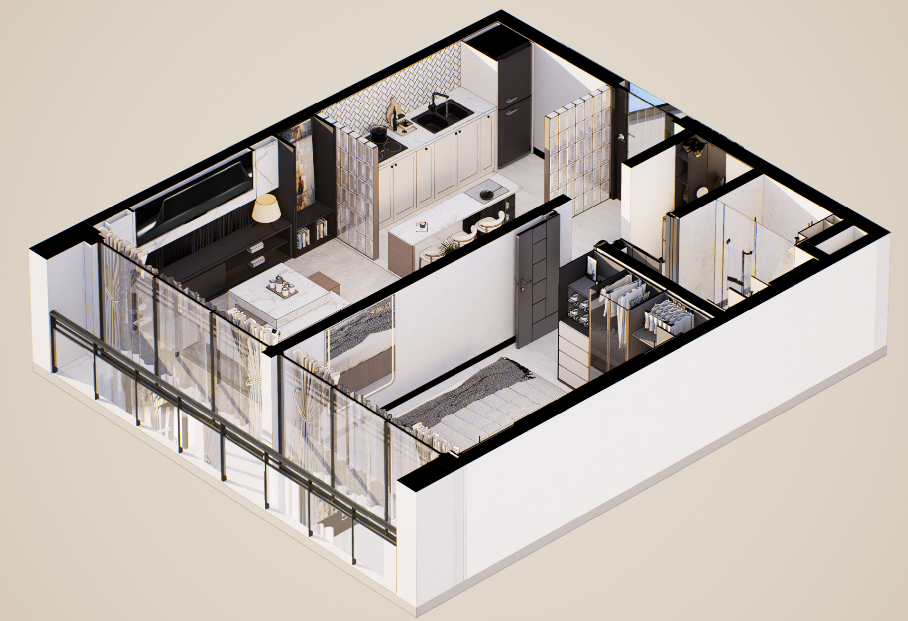 Piassa 1 bedroom apartment - isometric view